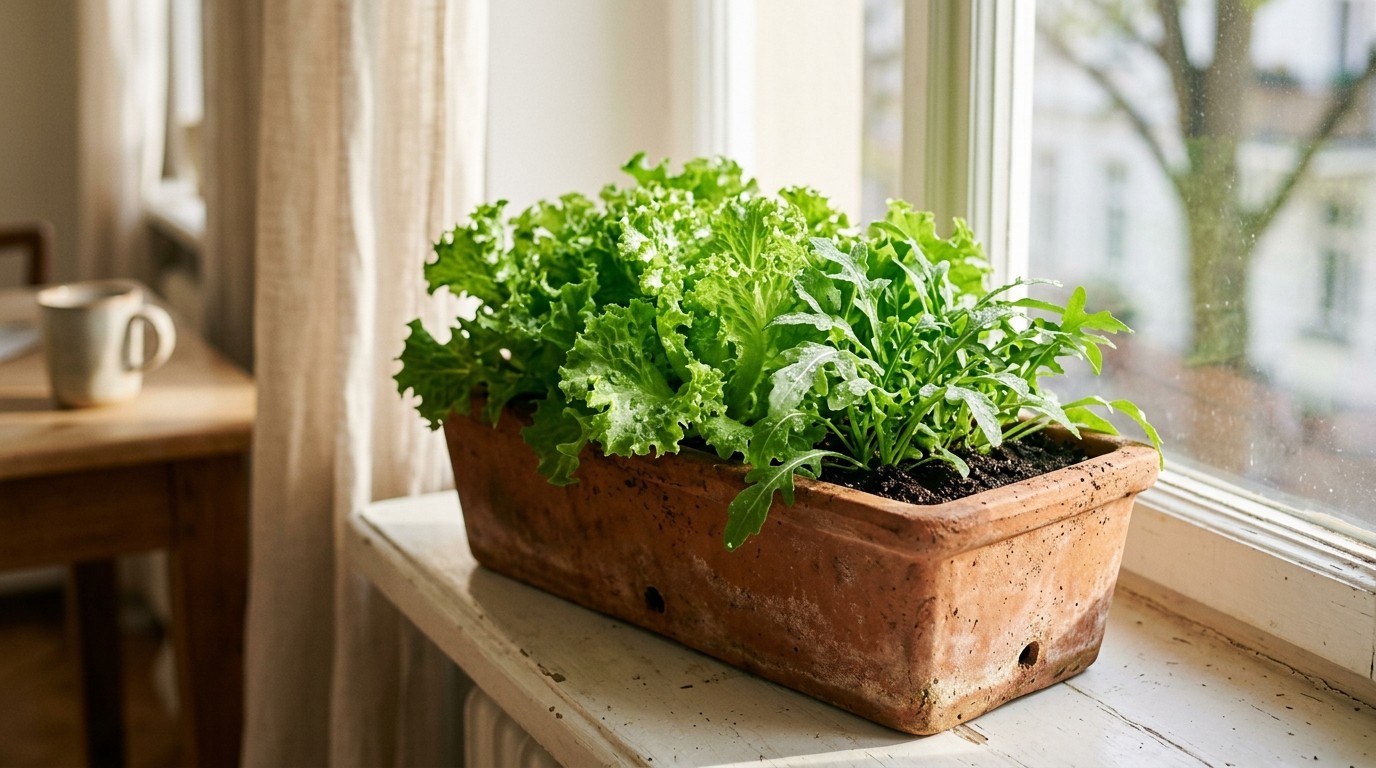 Cultivo de alface e rúcula em vasos e jardineiras de horta urbana