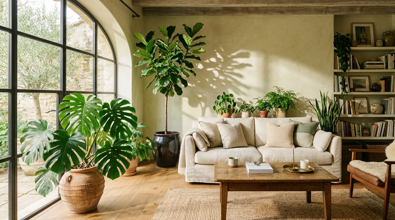 Interior escandinavo moderno com Monstera Deliciosa e Ficus Lyrata