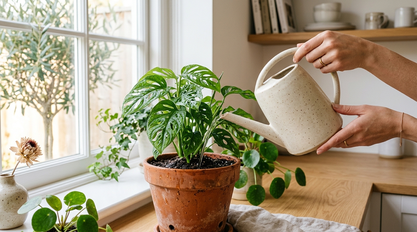 Rega cuidadosa de planta de interior com regador cerâmico